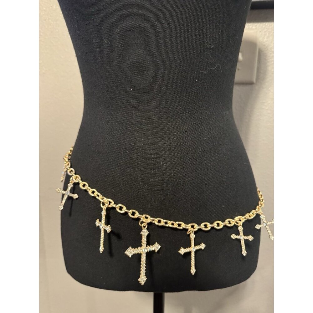 NOIR Belt Long Rope Link Chain CZ Cross Goldtone Adjustable XL Extra Large NEW - Picture 2 of 13
